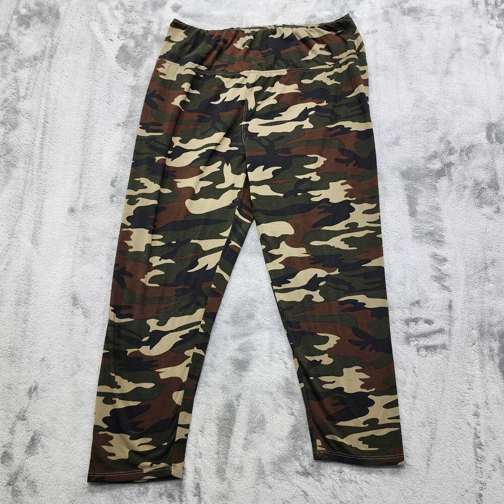 Hot Kiss Pants Womens XL Green Brown Camo High Rise Crop Capri‎ Leggings Casual